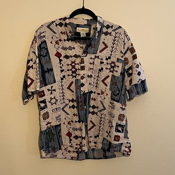 Natural Issue 90s Funky Print Linen Blend Button Down Shirt Size Large - Picture 2 of 6